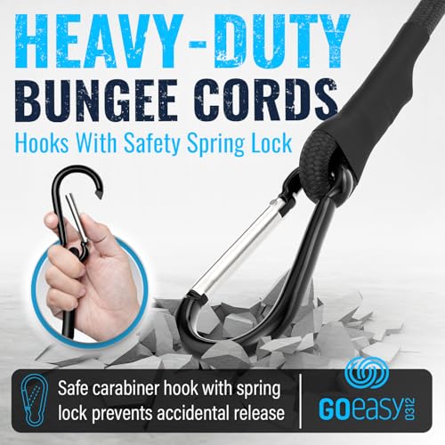 Image of GOEASY0312 Heavy Duty Bungee Cords with Carabiner 12 inch 18 inch 24 inch, 6PCS Black | 200 LBS Max Break Strength, UV Resistant, Locking Carabiner Hooks, Double-Braided Latex & Rubber