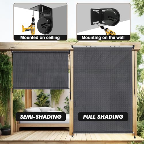 Image of Artpuch Patio Shades Roll Up Outdoor Roller Shade with Spliced Design, 135 inch W x 96 inch H Cordless Outside Blinds Cloth for Porch Pergola Gazebo, Blue Grey