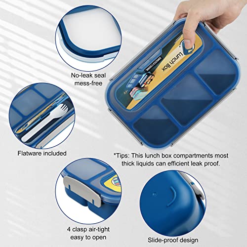 MaMix Bento Box for Kids, Lunch Box Kids, Lunch Containers for Adults,4 Compartment Leak-Proof with Sauce Snack Pot Cutlery (Blue)