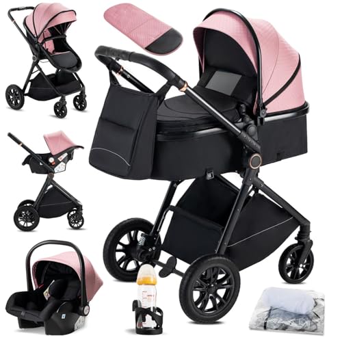 KAVELLIN Cochecito Bebe 3 en 1, 0-3 años, Máx. 22 kg, Cochecito para Bebé con Estructura Metálica Ligera, Compacto y Reclinable Silla de Paseo, con i-Size Silla Coche Bebe, Rosa