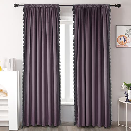 Hlisfhie Purple Velvet Curtains 84 Inches Long Blackout Curtains For Bedroom Rod Pocket Window Curtains With Tassels Light Blocking Thermal Insulation Drapes For Living Room Set Of 2 Panels 52”X84” #TOP1