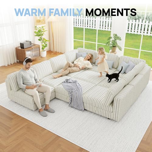 Image of 99 inch Cotton Linen Modular Sectional Sofa Bed with Hidden Storage, 10 Seat Convertible L U Shaped Sleeper Couch with Ottoman Chaise, Farmhouse Modular Sectional Couch with Removable Cover for LivingRoom
