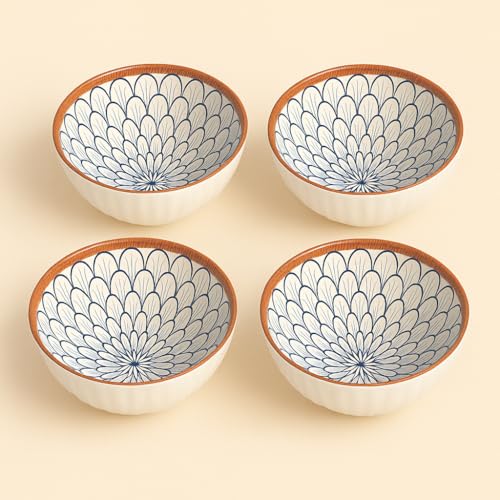 Image of YELONA Ceramic Bowls Set of 4 | 300ml Japanese Style Rice /Dessert Bowls | Petal Design | Microwave & Dishwasher Safe | Lead-Free Porcelain | 11.5cm Diameter