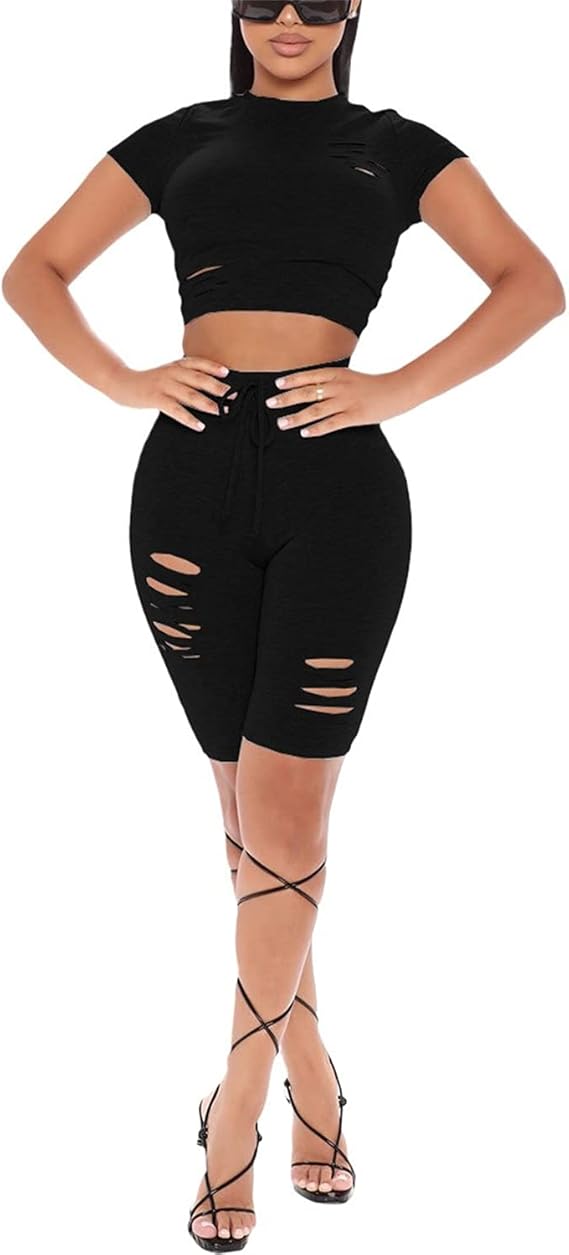 EGMGQNY Short Sets Women 2 Piece Outfits Solid color Hole