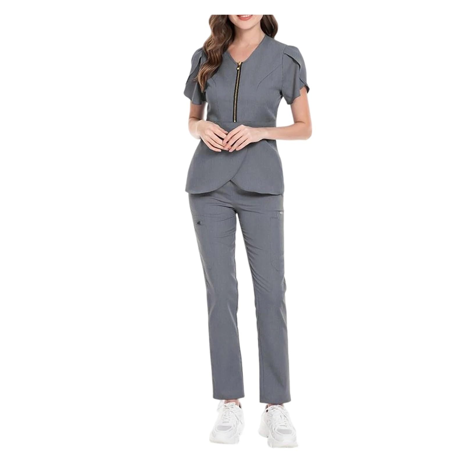 Kasacks Damen Pflege Damen-Krankenschwester-Bekleidungsset, V-Ausschnitt, kurze Ärmel, Reißverschluss, Rüschen, mehrfarbig, lange Hosen, medizinische Uniform, Arbeitskleidung for das Gesundheitswesen