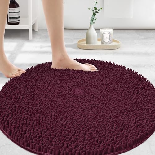 Image of Large Round Area Rug Set for Bathroom 36 inchx36 inch Soft Plush Chenille Bath Mat, Water Absorbent Non-Slip Bathroom Rug | Washable Shag Carpet for Shower, Bedroom, or Home Decor | Burgundy