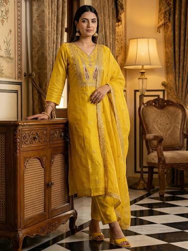 Image of INDO ERA Women's Cotton Solid Straight Kurta Palazzo With Dupatta Set