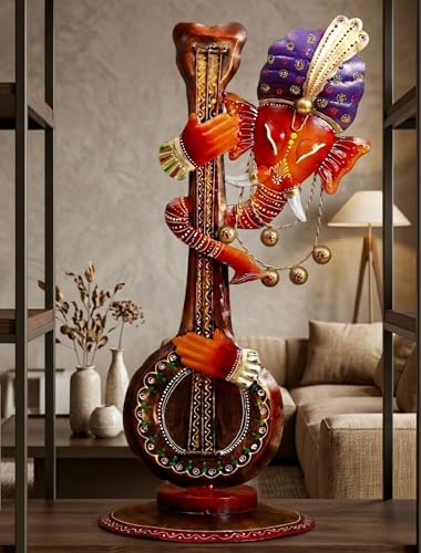 Image of Handcrafted Ganesha with Veena Decorative Showpiece, Multicolour, Metal, 54 x 20 CM