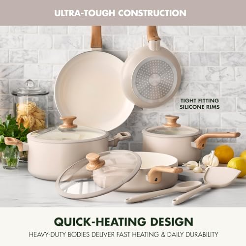 Image of GreenPan Rio Essence Wood 10 Piece Cookware Pots and Pans Set, Healthy Ceramic Nonstick, PFOA & PFAS-Free Coating, Induction, Silicone Rim Lids, Stay-Cool Wood Print Handles, Dishwasher Safe, White