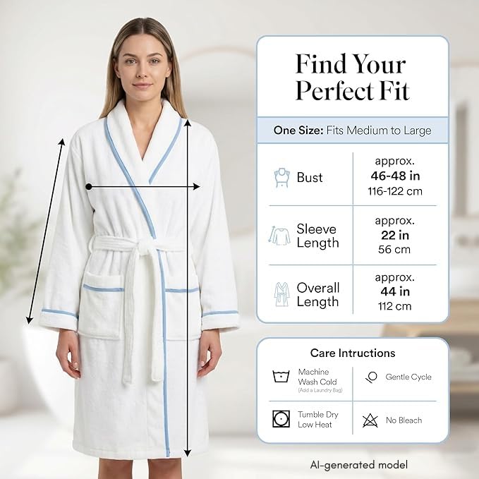 Image of Jillien Harbor Womens Cotton Bathrobe - Towel Robe for Women in Soft Terry Cloth, Highly Absorbent Cotton Robes for Women with Refined Blue Piping, Cuffed Sleeves Medium to Large Fit - One Size, White
