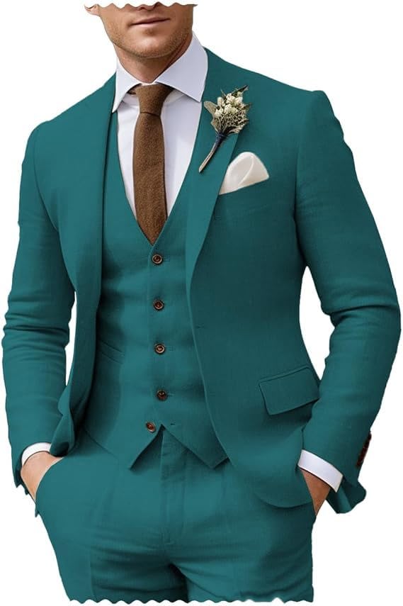 Men's Suits Slim Fit Summer 3 Pieces Beach Linen Tuxedos Blazer+Vest+Pants Wedding Grooms