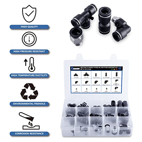 Anriwt 40Pcs Air Line Fitting Kit, Npt Thread Push To Connect Fittings, Nylon Tubing 1/4, 3/8, 1/8, 1/2" Quick Connect, Air Line Fittings Assortment Kit For Automotive Car Or Industrial Workshops #TOP4