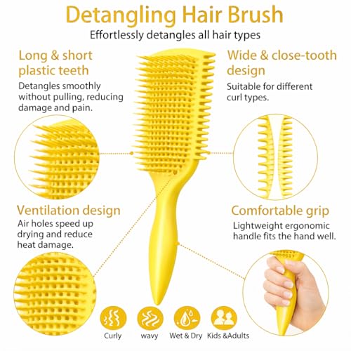 Image of Detangler Brush for Curly Hair, Lightweight Curly Hair Brush with Vented Design for Easy Glide, Effortlessly Detangles Without Pulling or Snagging, Suitable for All Wet and Dry Hair Types (Yellow)