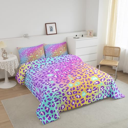 Image of Feelyou Girls Colorful Leopard Comforter Set - Women & Kids Cheetah Print Bedding - Toddler Size - All Seasons - Safari Animal Print Quilt & Duvet Set