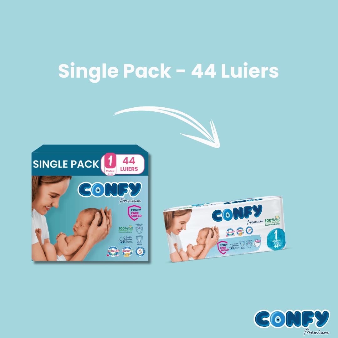 Confy Premium pieluchy dla niemowląt, rozmiar 1 (2 kg - 5 kg) - 176 sztuk, testowane dermatologicznie, super chłonne, wskaźnik oddawania moczu, CareShield