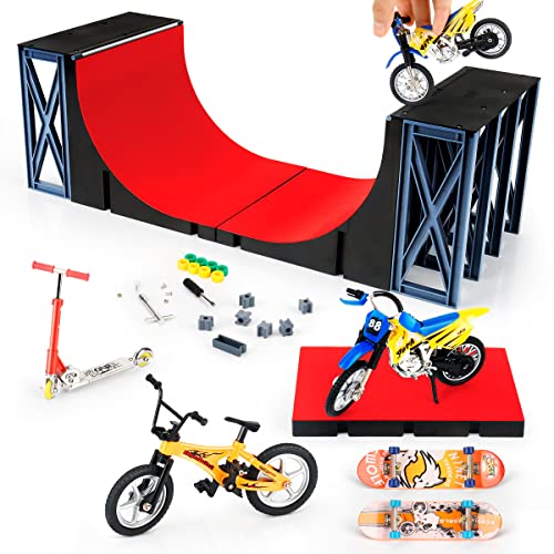 KETIEE Finger Skateboard Ramp Set, Fingerboard Skatepark Spielzeug Ultimate Half-Pipe Parks Trainings Requisiten Skate Park Deck Truck Board Rampenset Spielzeug für Kinder, Rot (67x20x17cm)