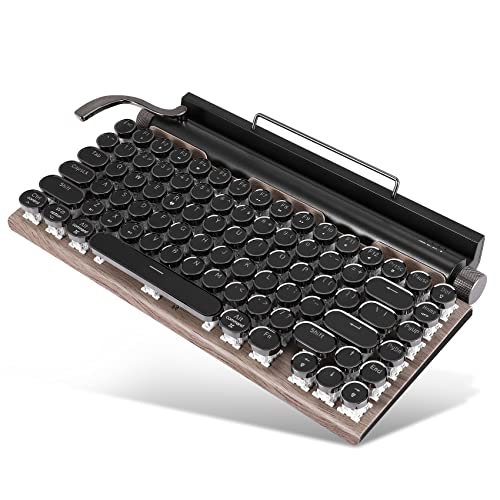 Jrifedptry Teclado de máquina de escribir retro, inalámbrico, Bluetooth, USB, mecánico, punk, para computadora de escritorio, portátil, teléfono, color madera