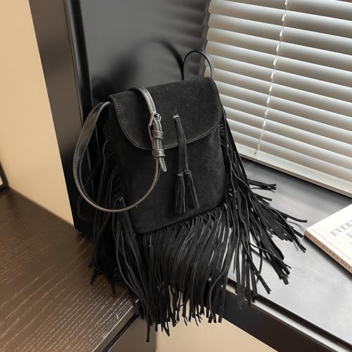 Image of Women Fashion Small Hobo Purse Fringe Designer Cell Phone Bag Suede Tassel Crossbody Bags Shoulder Handbag
