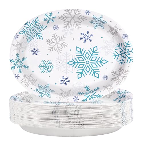 50 Pcs Christmas Snowflake Oval Paper Plates 10" x 12"