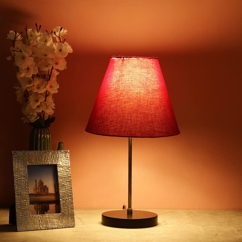 Image of Silver Table Lamp with Handmade Conical Red Shade, Minimalist Design, for Couple Dinner /Coffee Table /Restaurant /Bedroom, On /Off Switch Long Wire