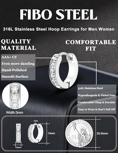316L Stainless Steel Hoop Earrings for Men Women Hypoallergenic Cubic Zirconia Silver/Black/Gold Hoop Huggie Cartilage Earrings for Women Men Hoops 13 mm 20 mm2