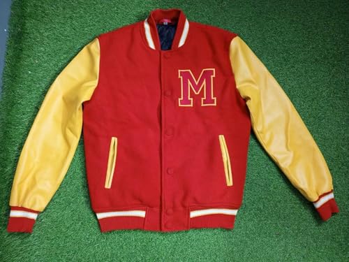 Hifa MJ King of Pop Thriller Red Wool Yellow Leather M Logo Varsity Letterman Rock Star Bomber Jacket3