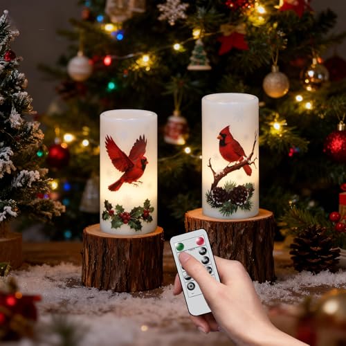 Image of Eldnacele Christmas Cardinal Flameless Candles Battery Operated with Remote and Timer Real Wax Flickering LED Pillar Candles Winter Holiday Indoor Decor(2 Pack, 3 inch D x 6 inch H)