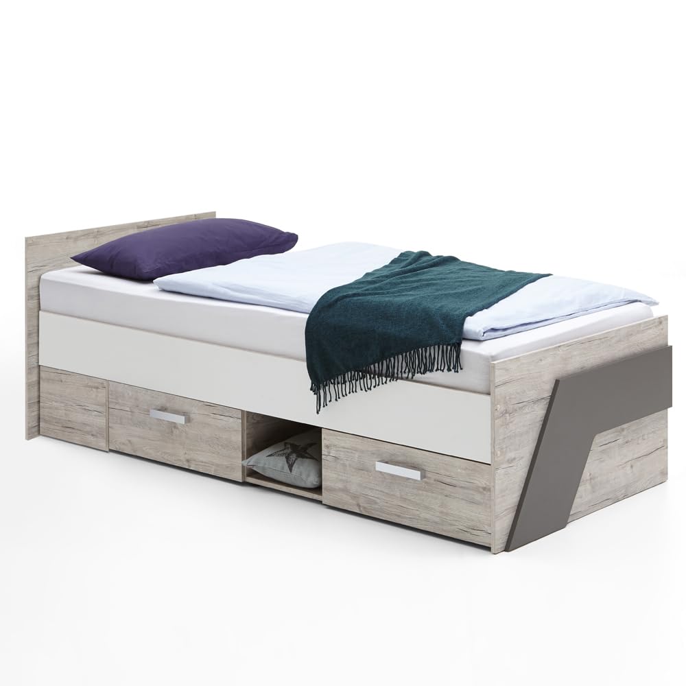 Lomadox Jugendzimmer Kinderzimmer Komplett Set, Eiche mit weiß, Lava blau, 90x200 cm Kojenbett, Kleiderschrank, Schreibtisch, Nachtschrank, Kommode, Lowboard