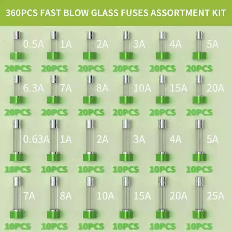 Kit surtido de fusibles de vidrio de acción rápida Mustpoint 360 piezas 24 valores 5x20mm y 6x30mm miniatura 4
