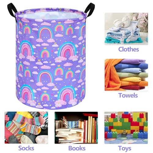 Image of Collapsible Kids Laundry Basket Clothes Hamper, Foldable Storage Organizer Bin, Toy Clothes Storage with Handles for Boys Girls Bedroom, Room Decor Purple Rainbown
