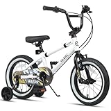 Glerc Razor 14 Inch Kids Bike for 3 4 5 Years Old Boys Beginner Toddler First Bicycle with Safety Bell & Removable Stabilisers, White