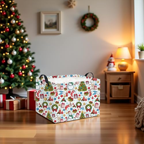 Image of Rectangular Christmas Basket Trick or Treat Spooky Boo Basket with Handles for Women Girls Cute Storage Bin Organizer(Snow Christmas)