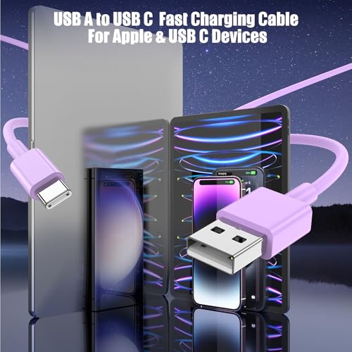 Image of 3-Pack Purple [3.3FT+3.3FT+6FT] USB A to USB C Cable，USB to USB C Car Carplay Cable for iPhone 16 15 Pro Plus Pro Max，for iPad Pro /Air /Mini，for Samsung S24 /S23 /S22 /S21，for MacBook Pro /Air and More
