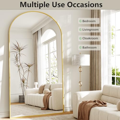 Image of Oversized Full Length Mirror, 38 inchx77 inch Large Arched Floor Mirror Full Length with Stand, Room Decor Big Full Body Mirror with HD Tempered Glass Aluminum Frame for Bedroom Living Room, Gold