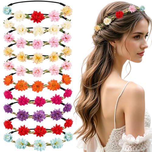 Vovii 10PCS Flower Crowns Boho Hair Accessories Medieval Accessories for Women Girls Princess Bridesmaid Wedding Birthday Festival Party Tea Party Photo Shoot and Daily Wear
