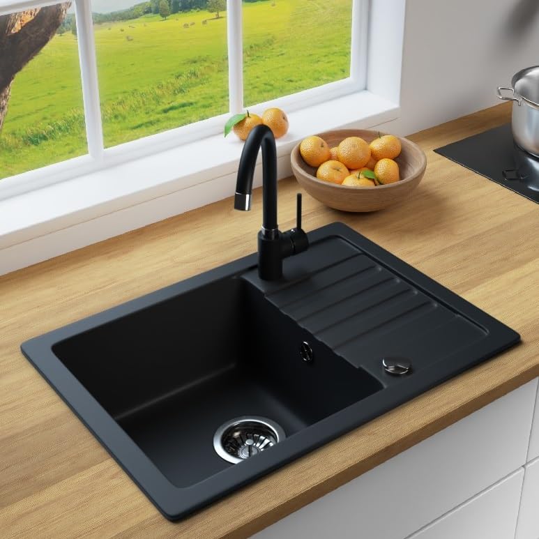 MIT ARMATUR LINDBERGH® Granit Spüle + kompl. Siphon und Imprägnierung mit Abtropffläche, Einbauspüle Küchenspüle Spülbecken - Verbundstoffe MADE IN GERMANY (SIM44 + Armatur 1-Galo)
