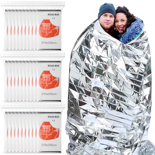 Image of Kingdder 30 Pack Oversized Emergency Thermal Blankets Bulk 98 x 82 Extra Large Survival Space Blankets Silver Foil Winter Survival Kit for Outdoors, Camping, Hiking, Car, Homeless, First Aid