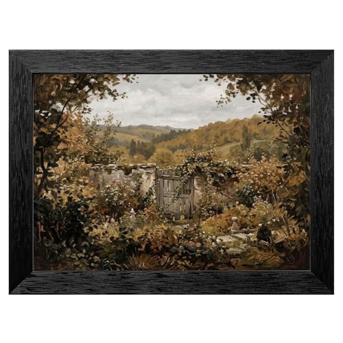 Vintage Garden Landscape Framed Wall Art - Realistic Nature Scene Oil Painting Print in Textured Black Frame - 19th Century Style Decor for Living Room and Office - 12x16 Inch