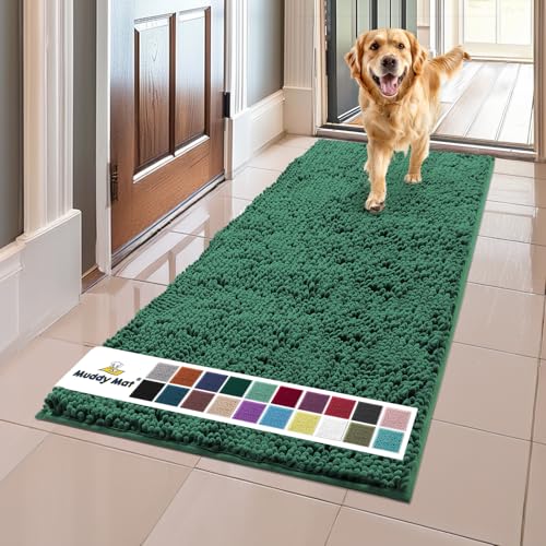 Muddy Mat® AS-SEEN-ON-TV Highly Absorbent Microfiber Dog Door Mat and Pet Rug, Non Slip Thick Washable Area and Bath Mat Soft Chenille for Kitchen Bathroom Bedroom and Indoor-Dark Green Runner 24"X60"