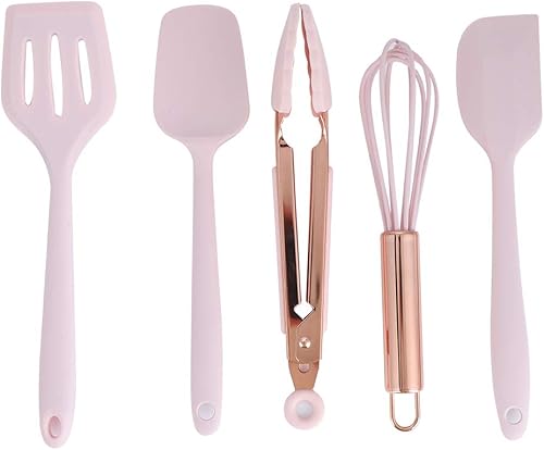 Miniatura 6 de Utensilios de cocina de silicona, 5 piezas, juego de utensilios de cocina, espátula, utensilios de cocina para niños, raspador de silicona, rosa,