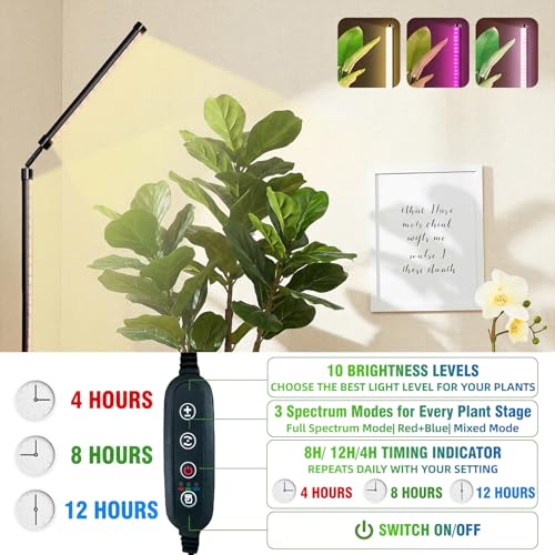 36W Standing Grow Light for Indoor Plants, 65'' Adjustable Tall Grow Light with Stand, 3 Light Modes & 10 Dimmable Levels, Floor Grow Light with Timer for Large Indoor Plants, Herbs, Corners — view 3