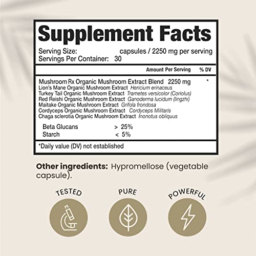 Hpd Rx Mushroom Rx Organic Mushroom Extract Blend Max Immunity Dose, Lion’s Mane, Chaga, Reishi, Shiitake Maitake & Turkey Tail Mushroom Supplements | 2250 Mg, 30-Day Supply, Pack Of 1 #TOP1