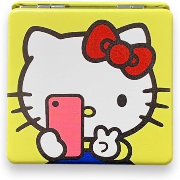 KOZUKI Pink Kitty Compact Mirror - 2.6"L x 2.7"W, Pink Leather Frame, 2-Sided, Tabletop Mount, Makeup Mirror