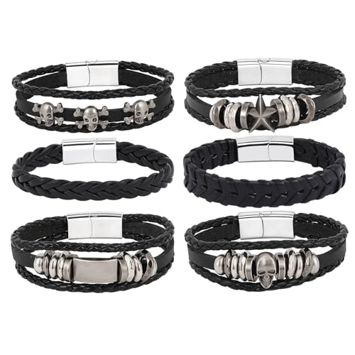 Image of MILAKOO Mens Leather Punk Gothic Bracelets with Stainless Steel Clasp Women Cuff Skull Style Wristband