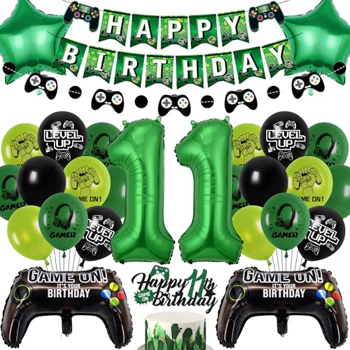 Gaming Birthday Decorations Balloons Boy - Green Happy 11th Birthday Banner Decoration Set with Foil Balloon, Game Controller for Video Game Theme 11 Years Old Party Supplies