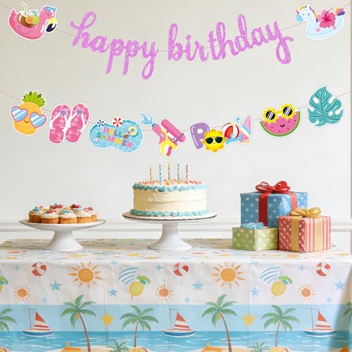 Image of Summer Happy Birthday Banner for Pool Party Decoration Supplies | Beach Hawaii Luau Tropical Garland, Pink, Paper