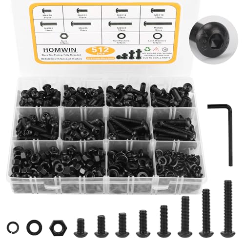Homwin 512Pcs M6 Bolts and Nuts Kit, M6x10/12/14/16/20/25/30/35mm Button Head Hex Socket Cap Screws 12.9 Grade Alloy Steel Bolt Nut Washer Assortment Black Galvanized