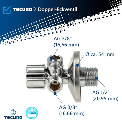 tecuro Doppeleckventil 1/2 Zoll Wandanschluss inkl. Schubrosette Ø 56 mm, doppelte 3/8 Zoll Abgänge, hochglänzende Oberfläche aus verchromtem Messing