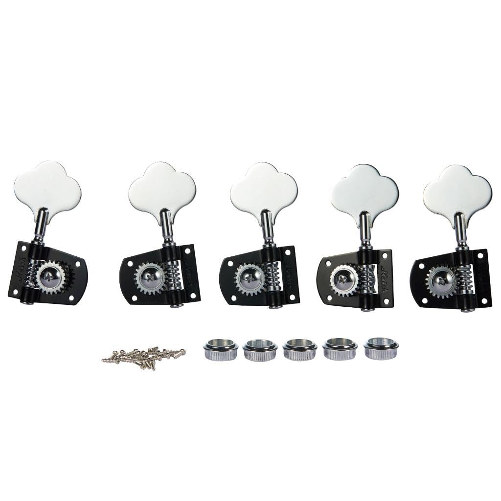 KAISH Cloverleaf Lefty 5 String Bass Tuners Bass Tuning Machines 5 String Bass Tuning Keys for Standard/Highway One Series Jazz Bass J Bass/Precision Bass P Bass Black with Chrome 4 Left/1 Right