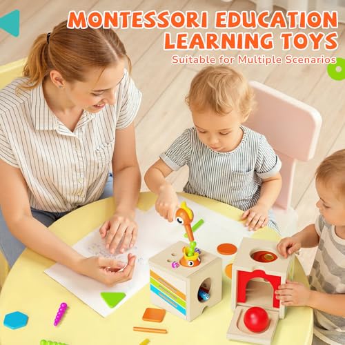 Image of 5-in-1 Wooden Activity Cube, Toddlers Montessori Toys for Baby Boys Girls, Baby Activity Center for 2+ Year Old, Woodpecker Worm Toy Magnetic Bird Feeding Game, Educational Color & Shape Sorting Toy